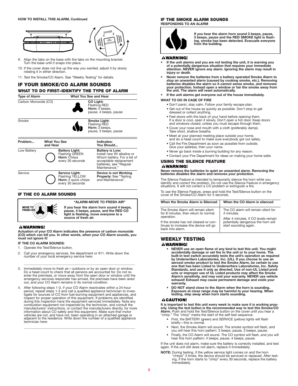 If your smoke/co alarm sounds, Weekly testing | BRK electronic SC01NM08 User Manual | Page 3 / 7