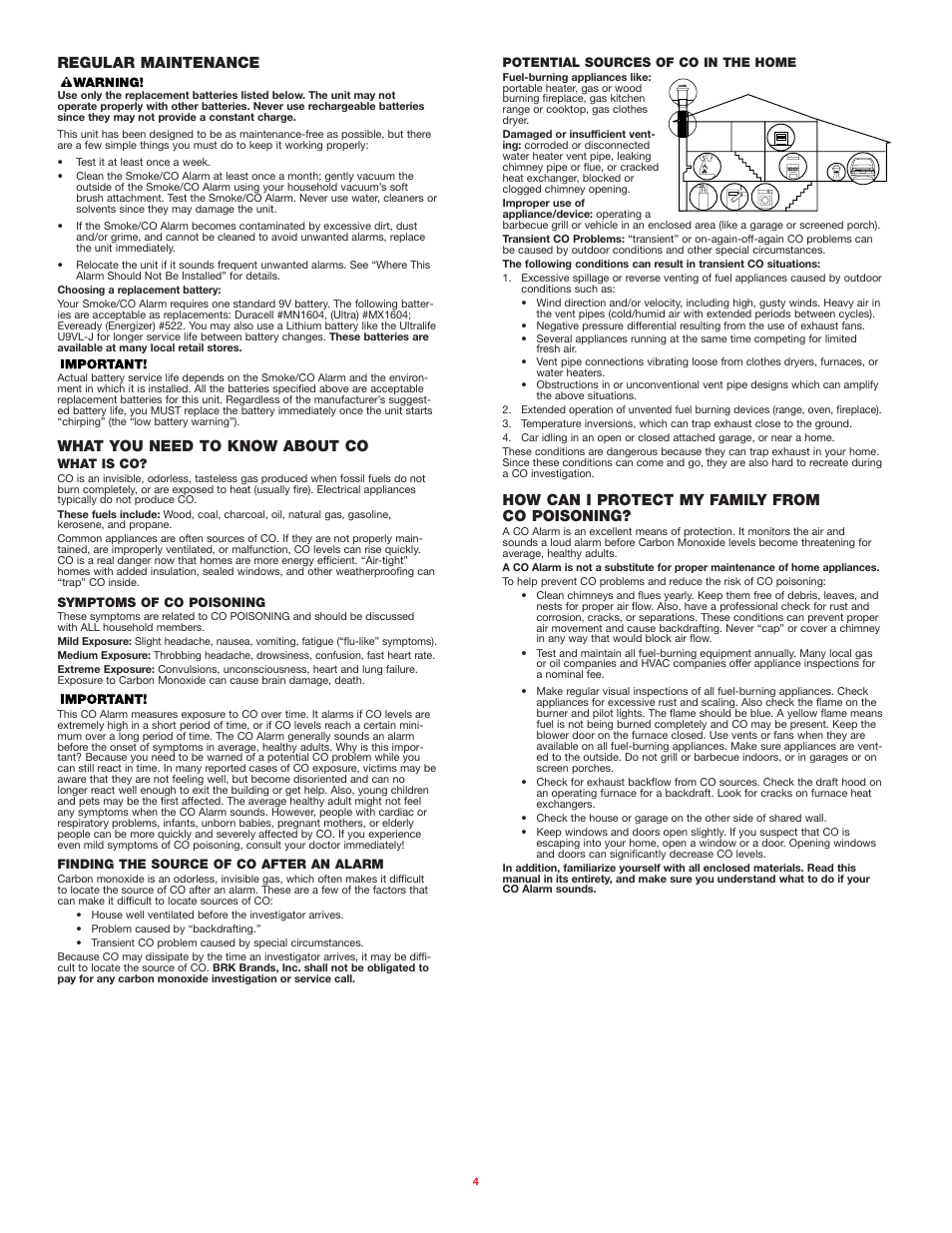 Regular maintenance, What you need to know about co, How can i protect my family from co poisoning | BRK electronic SC01NM08 User Manual | Page 4 / 7