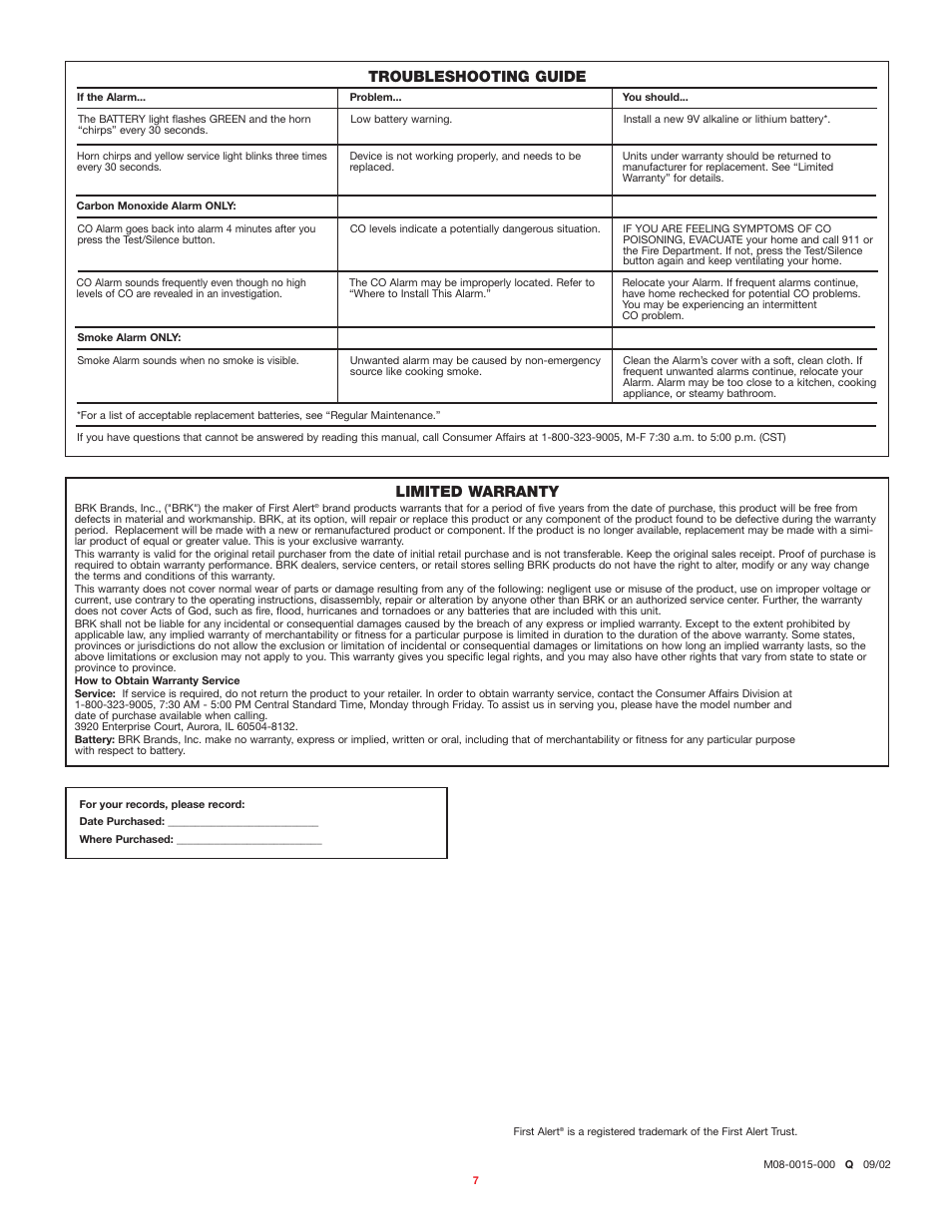 Limited warranty, Troubleshooting guide | BRK electronic SC01NM08 User Manual | Page 7 / 7