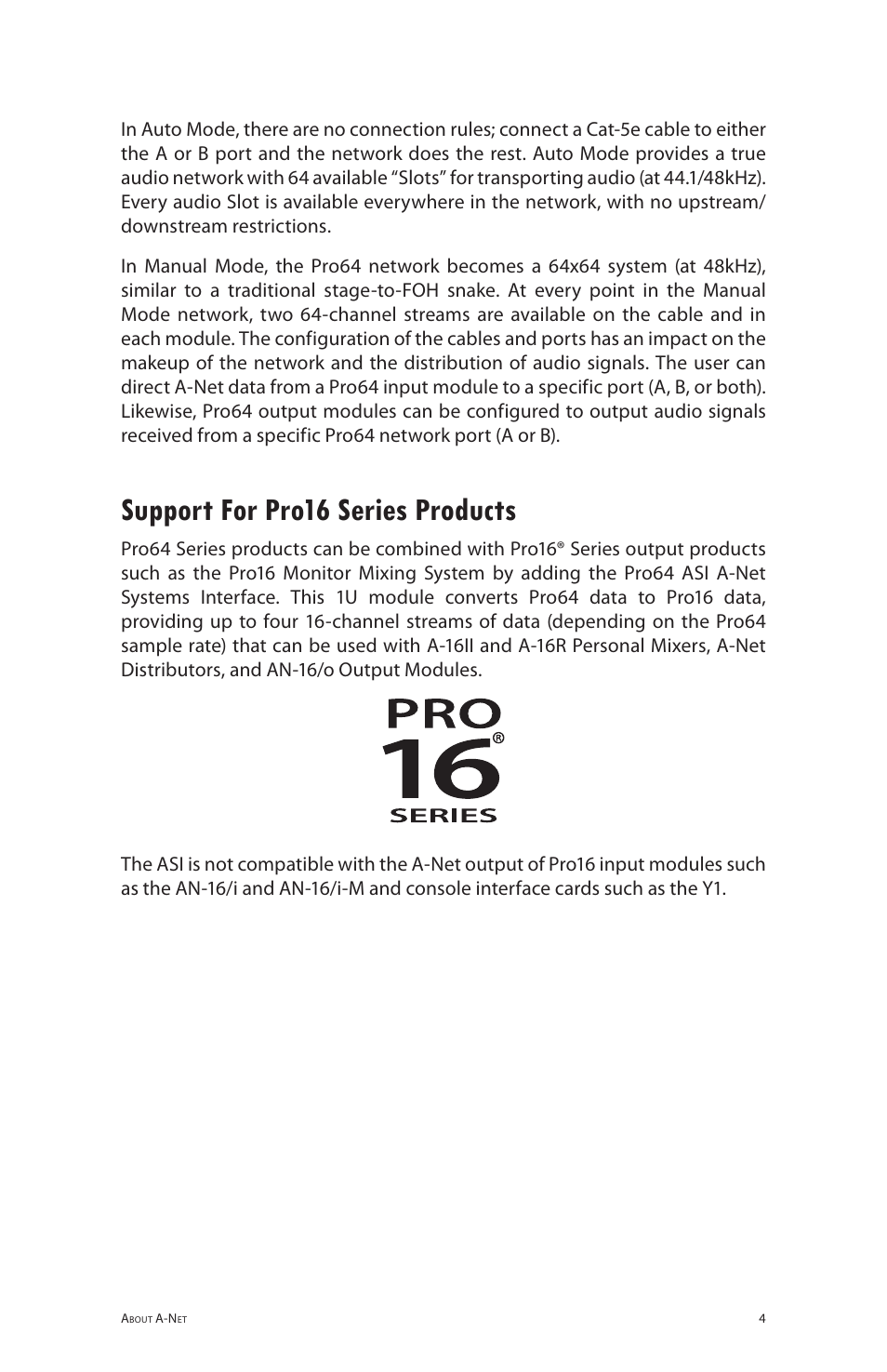 Support for pro16 series products | Aviom 6416o User Manual | Page 13 / 96