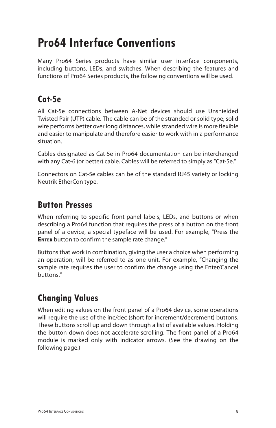 Pro64 interface conventions, Cat-5e, Button presses | Changing values, Cat‑5e button presses changing values | Aviom 6416o User Manual | Page 17 / 96
