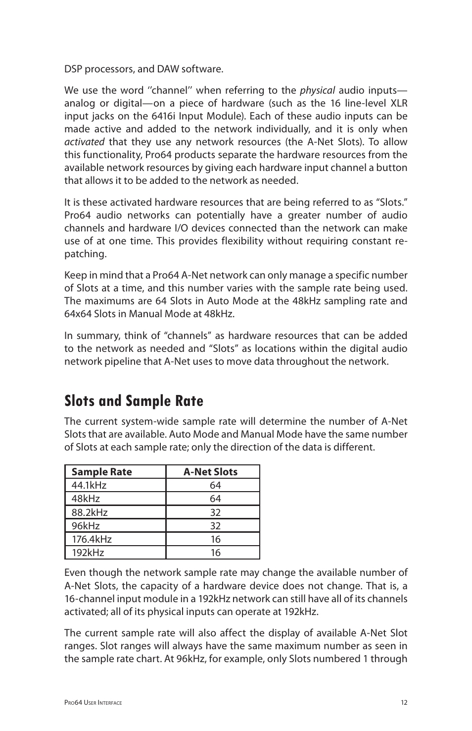 Slots and sample rate | Aviom 6416o User Manual | Page 21 / 96
