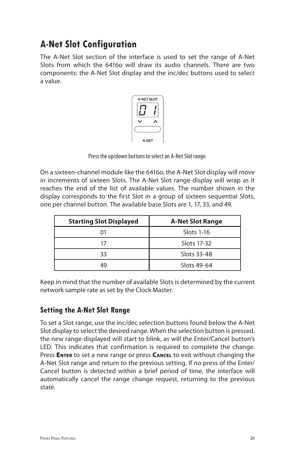 A-net slot configuration, Setting the a-net slot range, A‑net slot configuration | Setting the a‑net slot range | Aviom 6416o User Manual | Page 35 / 96
