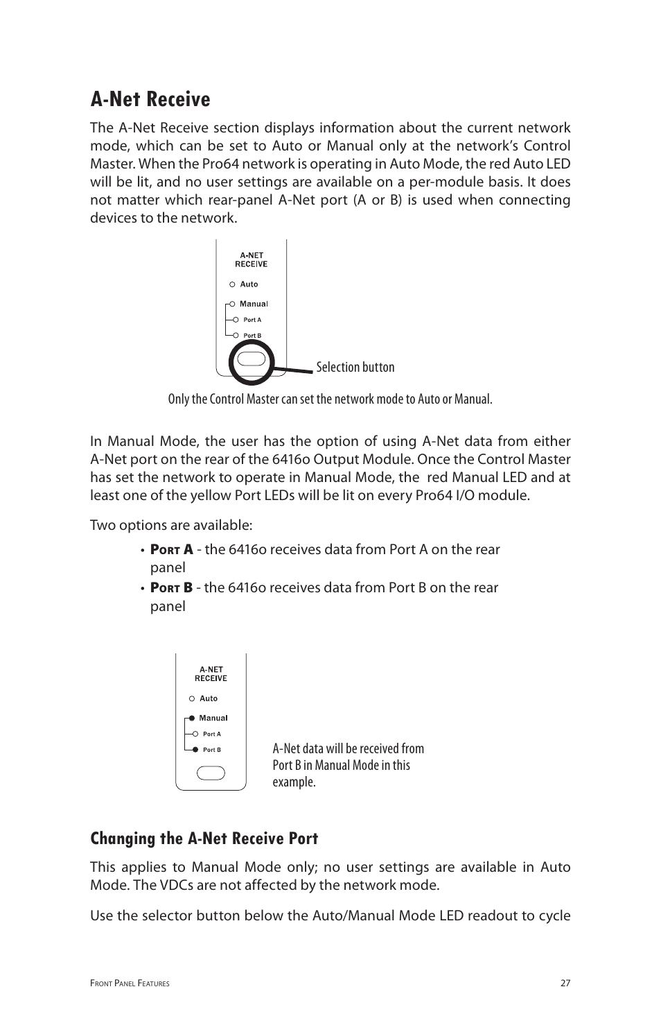 A-net receive, Changing the a-net receive port, A‑net receive | Changing the a‑net receive port | Aviom 6416o User Manual | Page 36 / 96