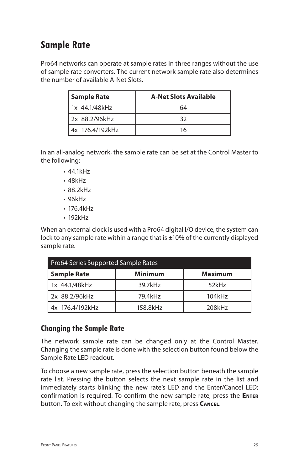 Sample rate, Changing the sample rate | Aviom 6416o User Manual | Page 38 / 96