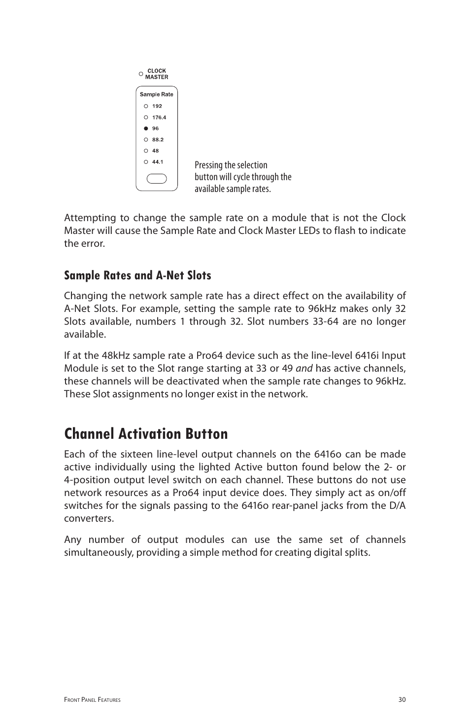 Sample rates and a-net slots, Channel activation button, Sample rates and a‑net slots | Aviom 6416o User Manual | Page 39 / 96