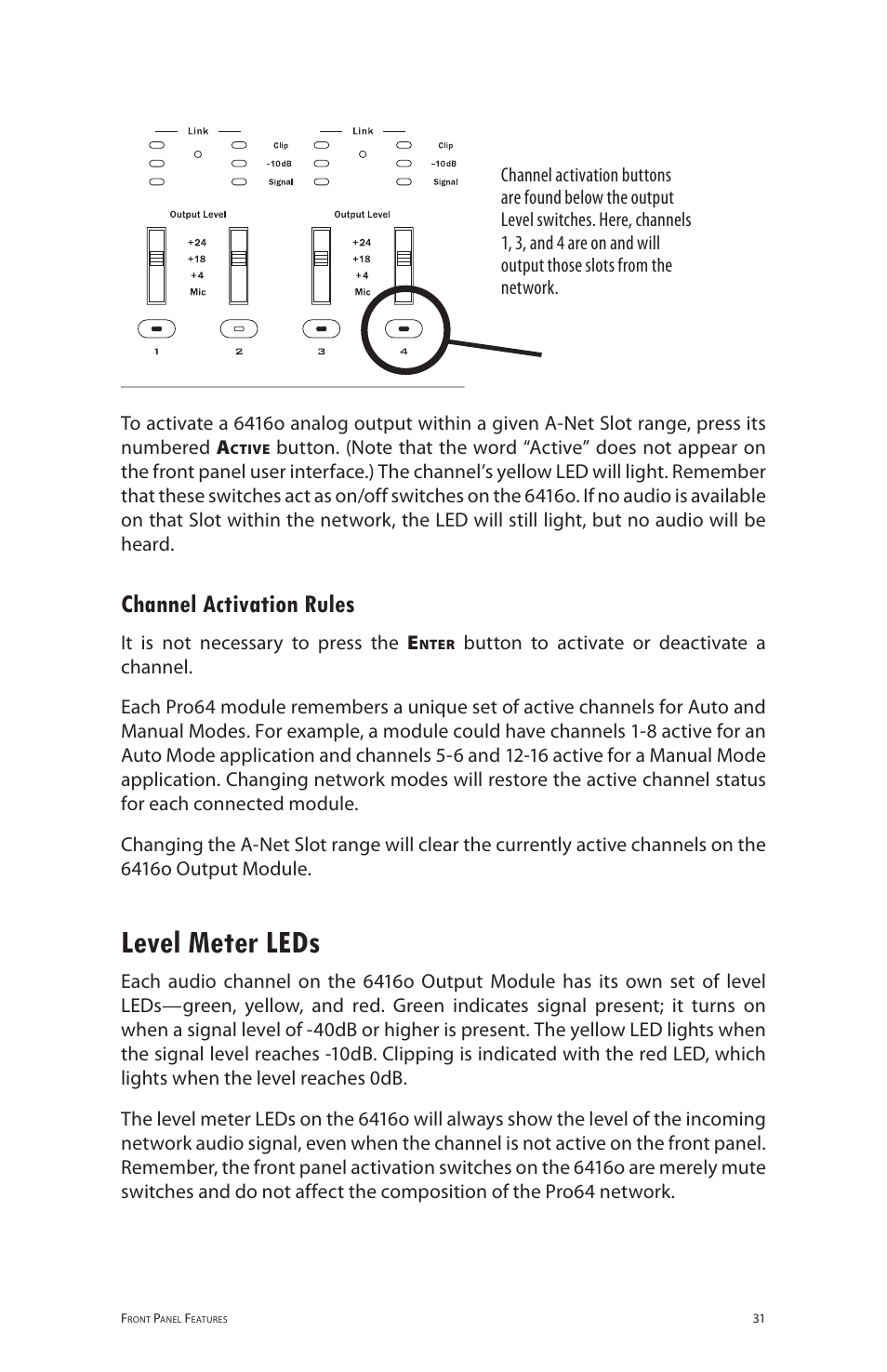 Channel activation rules, Level meter leds | Aviom 6416o User Manual | Page 40 / 96