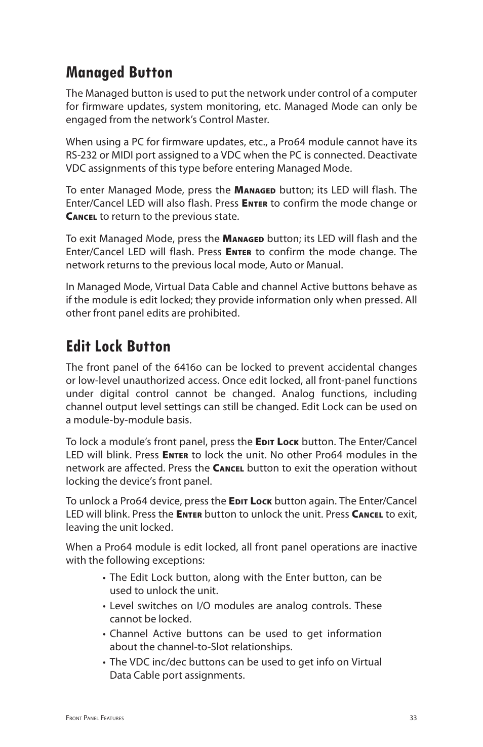 Managed button, Edit lock button, Managed button edit lock button | Aviom 6416o User Manual | Page 42 / 96