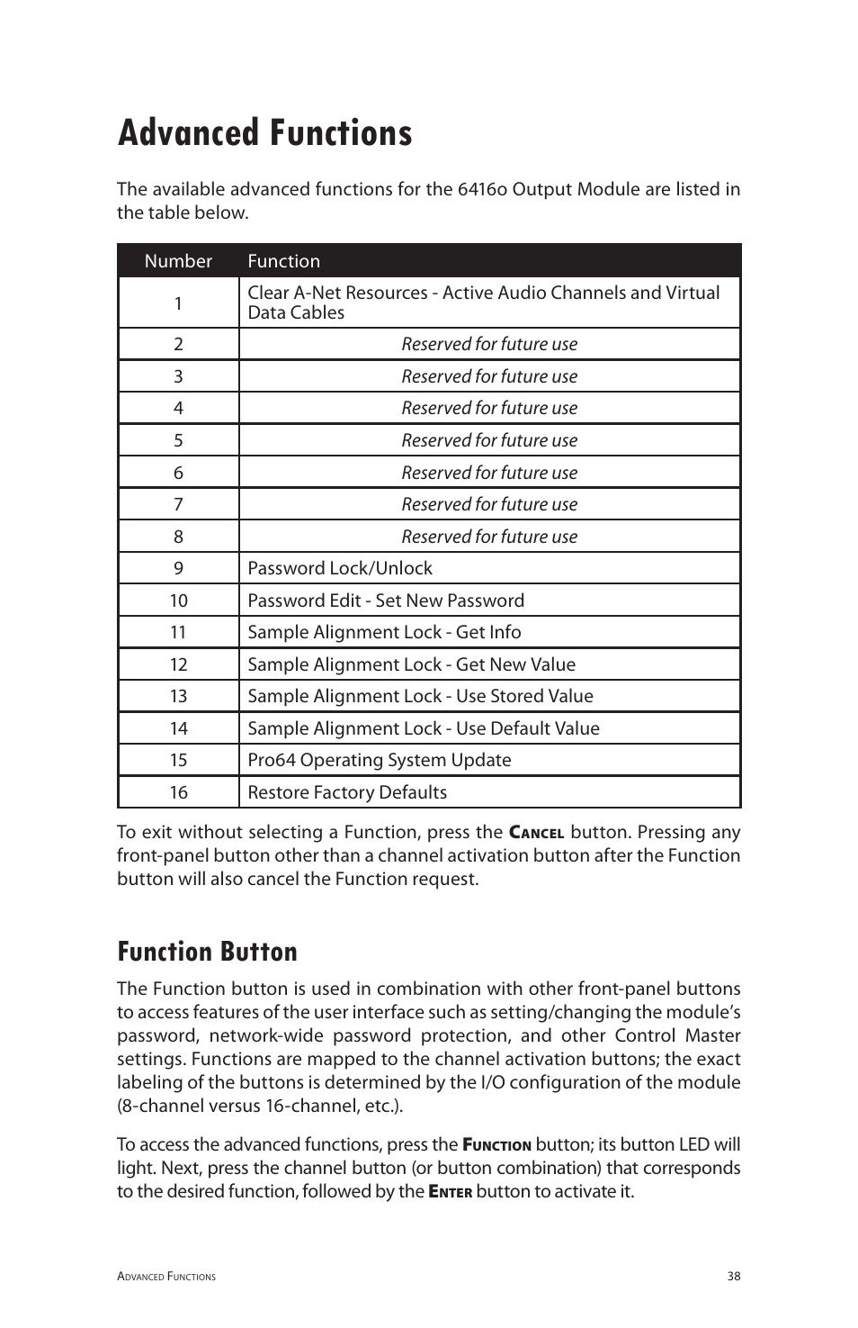 Advanced functions, Function button | Aviom 6416o User Manual | Page 47 / 96