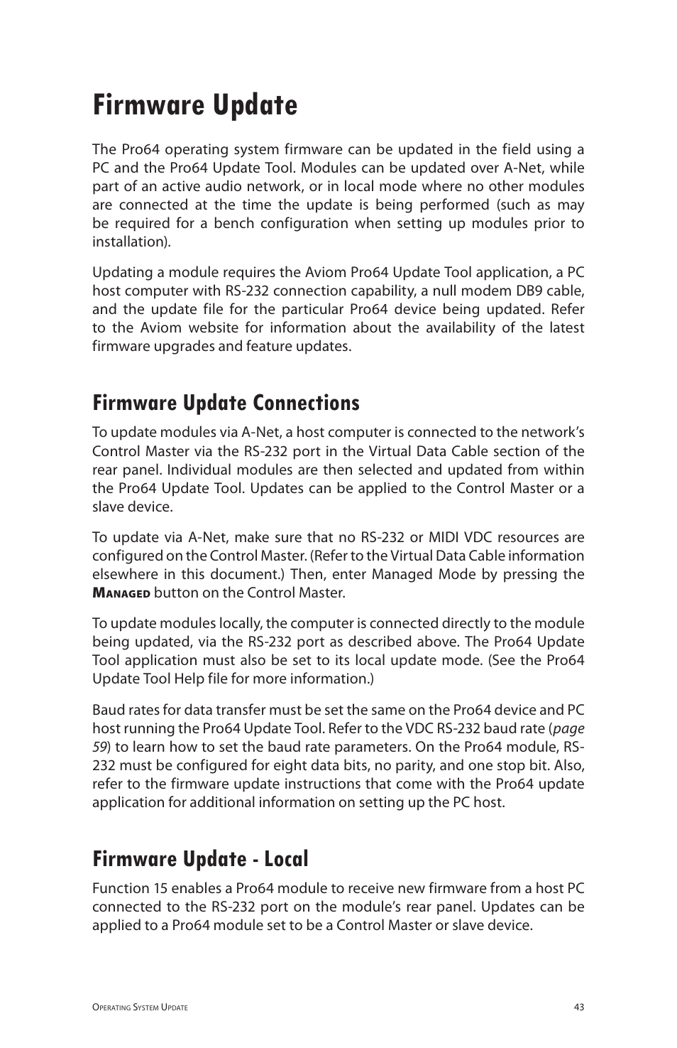 Firmware update, Firmware update connections, Firmware update - local | Aviom 6416o User Manual | Page 52 / 96