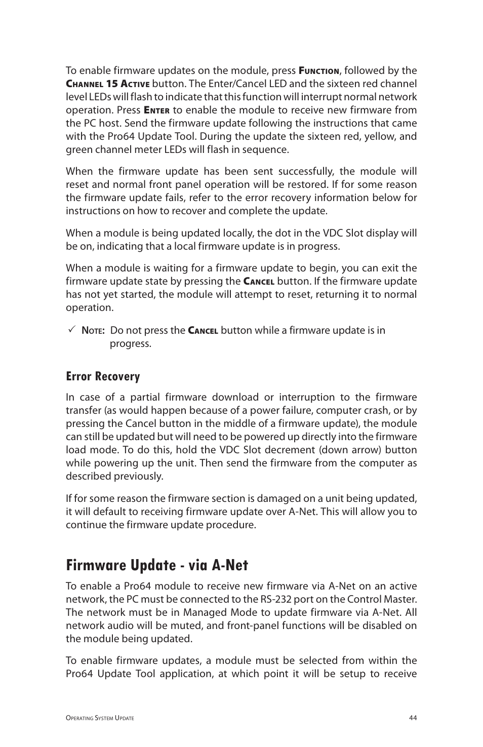 Error recovery, Firmware update - via a-net, Firmware update ‑ via a‑net | Aviom 6416o User Manual | Page 53 / 96