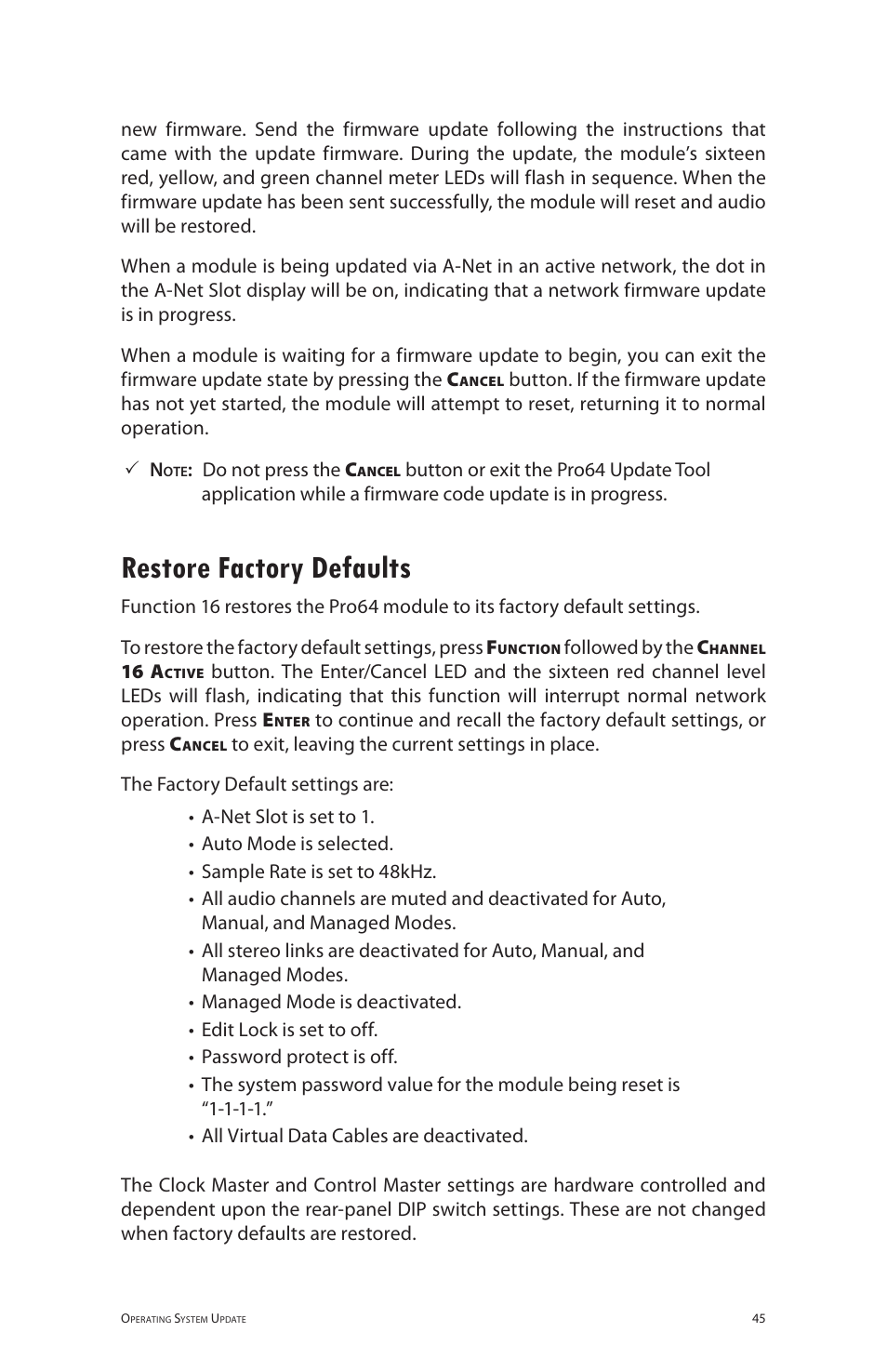Restore factory defaults | Aviom 6416o User Manual | Page 54 / 96