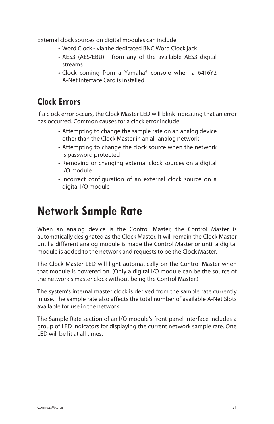 Network sample rate, Clock errors | Aviom 6416o User Manual | Page 60 / 96