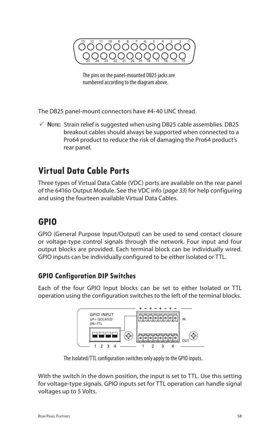 Virtual data cable ports, Gpio, Gpio configuration dip switches | Virtual data cable ports gpio | Aviom 6416o User Manual | Page 67 / 96