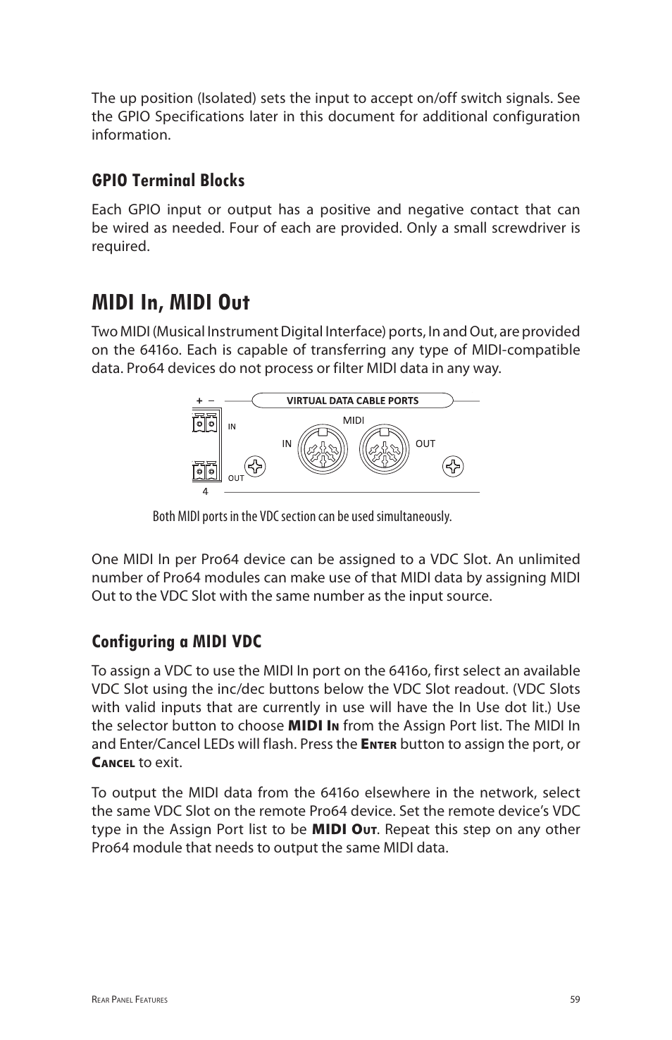 Gpio terminal blocks, Midi in, midi out, Configuring a midi vdc | Aviom 6416o User Manual | Page 68 / 96