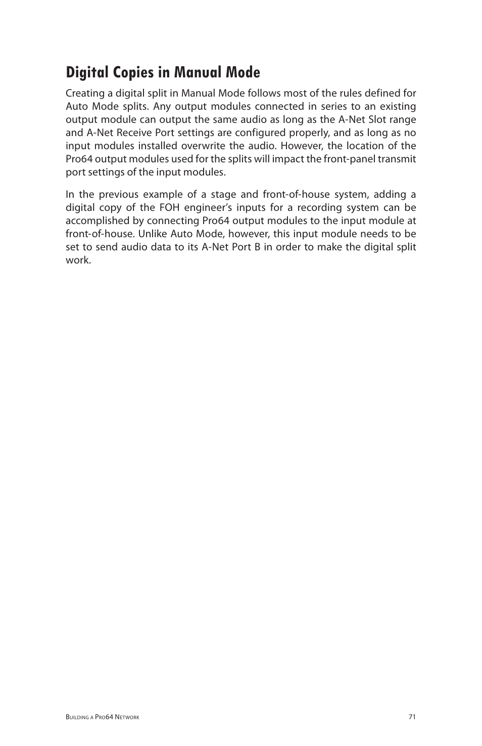 Digital copies in manual mode | Aviom 6416o User Manual | Page 80 / 96