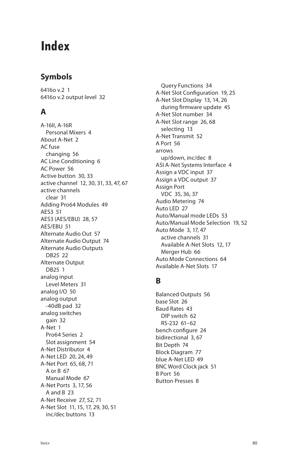 Index, Symbols | Aviom 6416o User Manual | Page 89 / 96