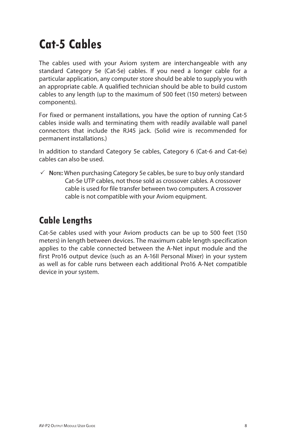 Cat-5 cables, Cable lengths | Aviom AV-P2 User Manual | Page 16 / 39