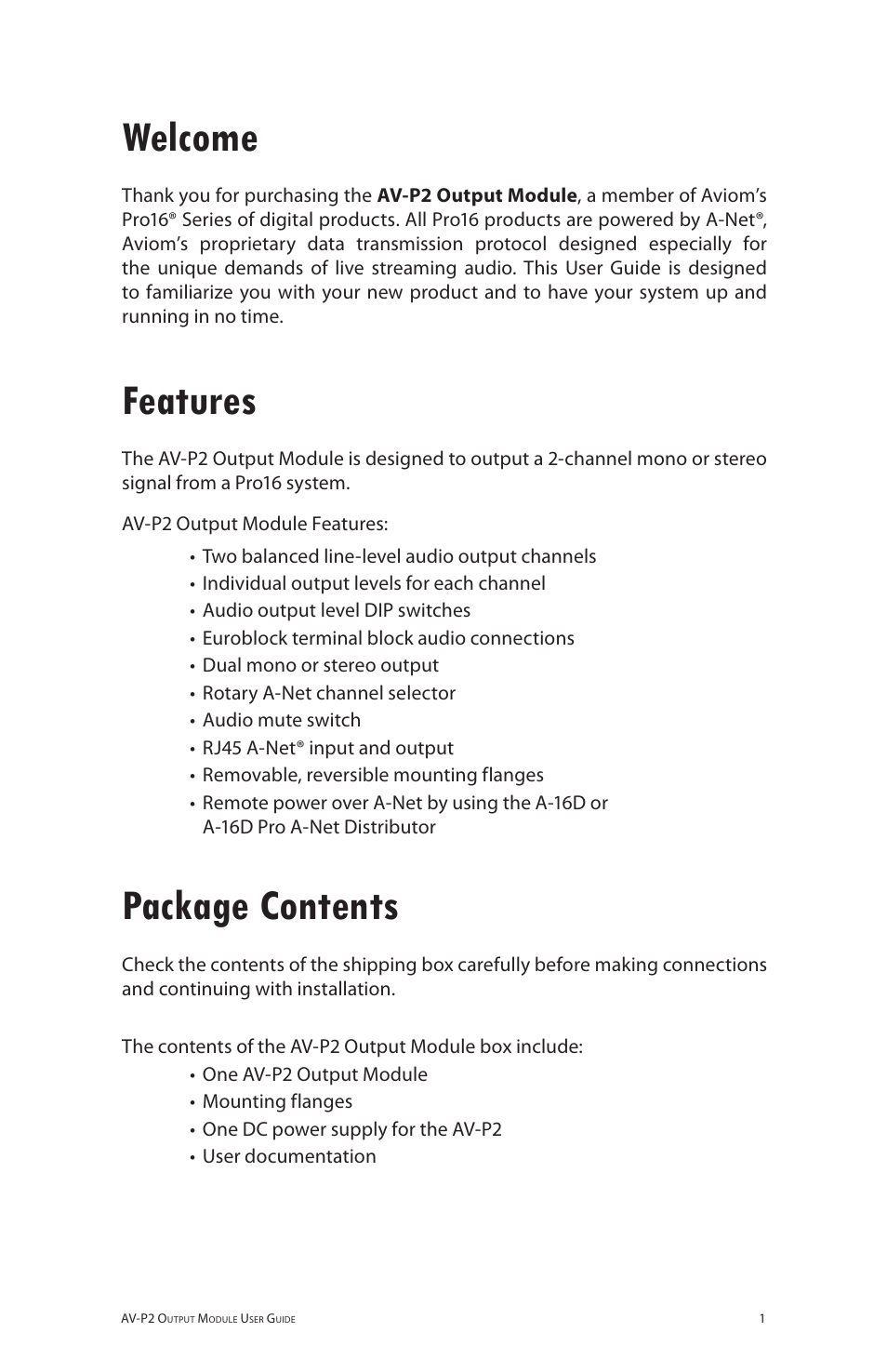 Welcome, Features, Package contents | Aviom AV-P2 User Manual | Page 9 / 39