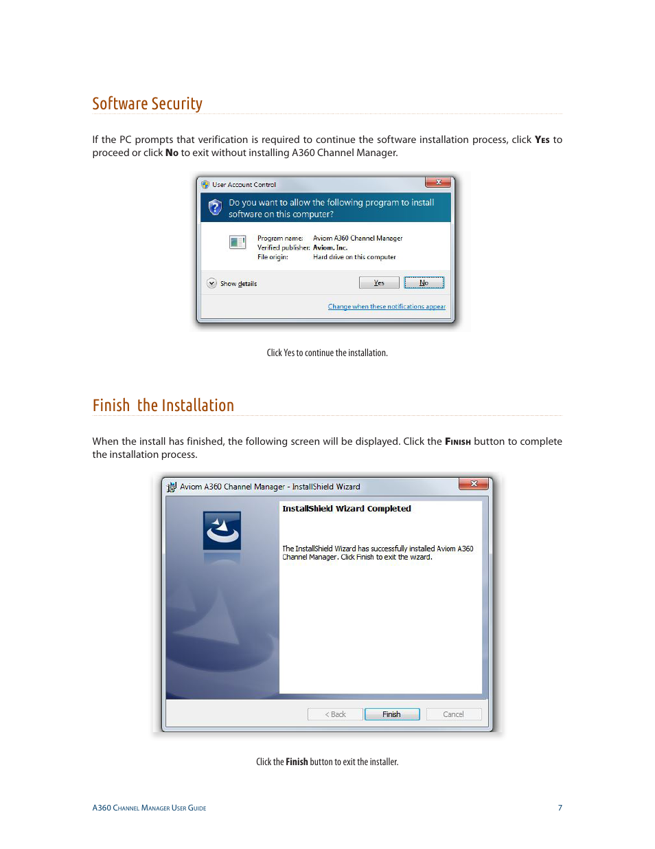 Software security, Finish, Software security finish | Finish the installation | Aviom A360 Channel Manager User Manual | Page 11 / 46