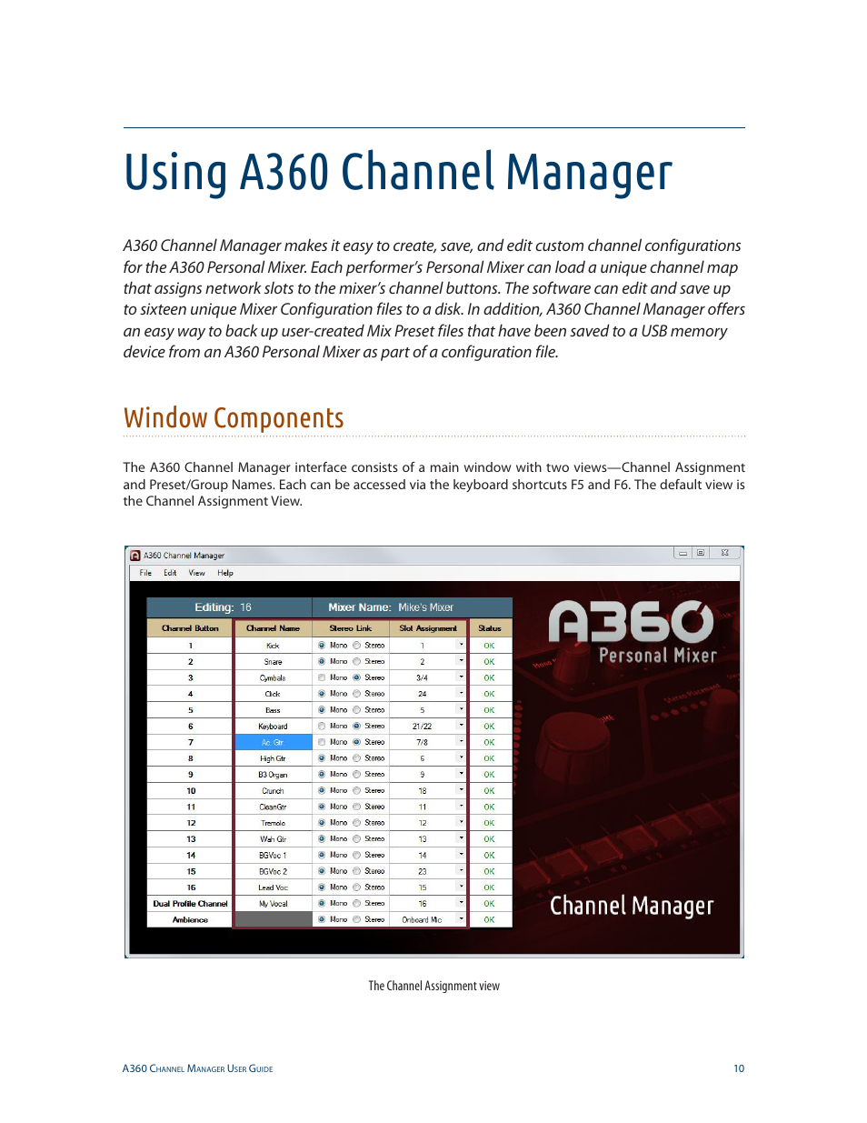 Using a360 channel manager, Window components | Aviom A360 Channel Manager User Manual | Page 14 / 46