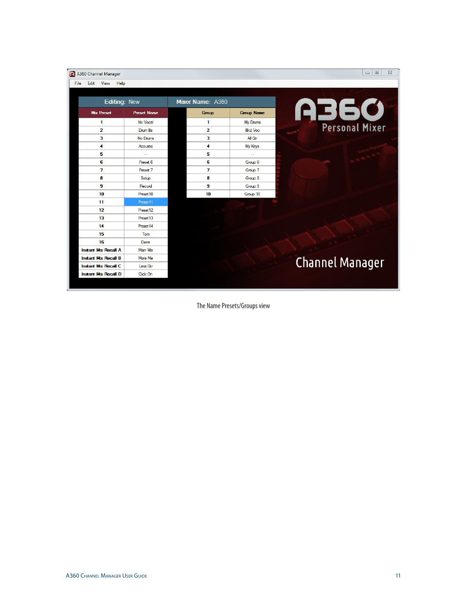 The name presets/groups view | Aviom A360 Channel Manager User Manual | Page 15 / 46