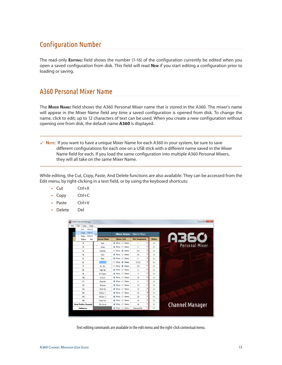 Configuration number, A360 personal mixer name, Configuration number a360 personal mixer name | Aviom A360 Channel Manager User Manual | Page 17 / 46