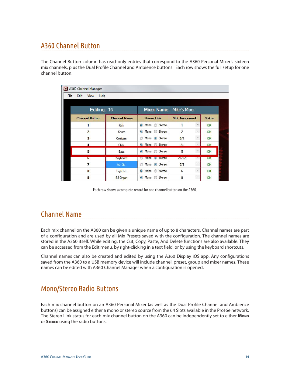 A360 channel button, Channel name, Mono/stereo radio buttons | Aviom A360 Channel Manager User Manual | Page 18 / 46
