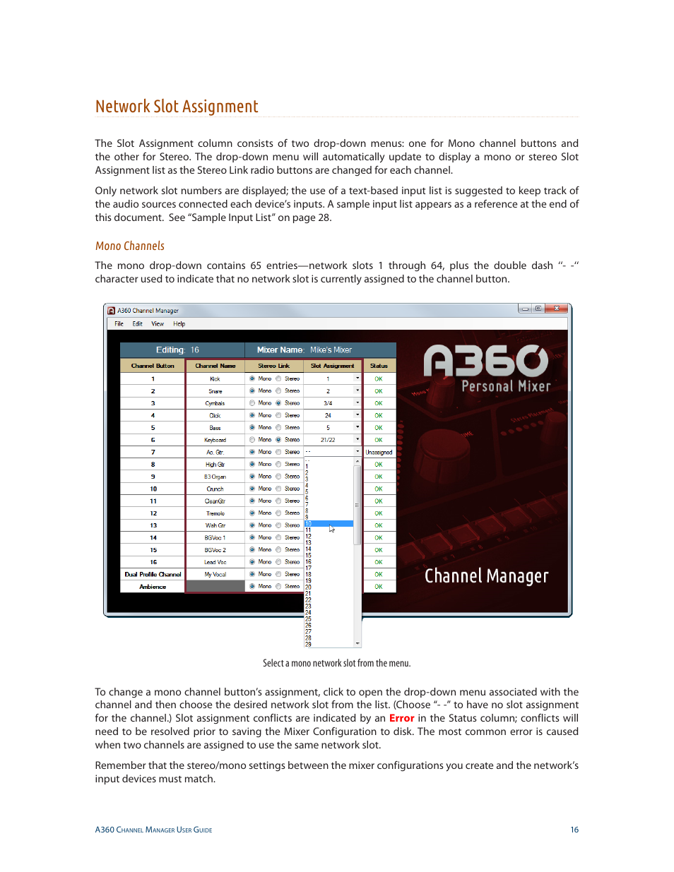 Network slot assignment, Mono channels | Aviom A360 Channel Manager User Manual | Page 20 / 46