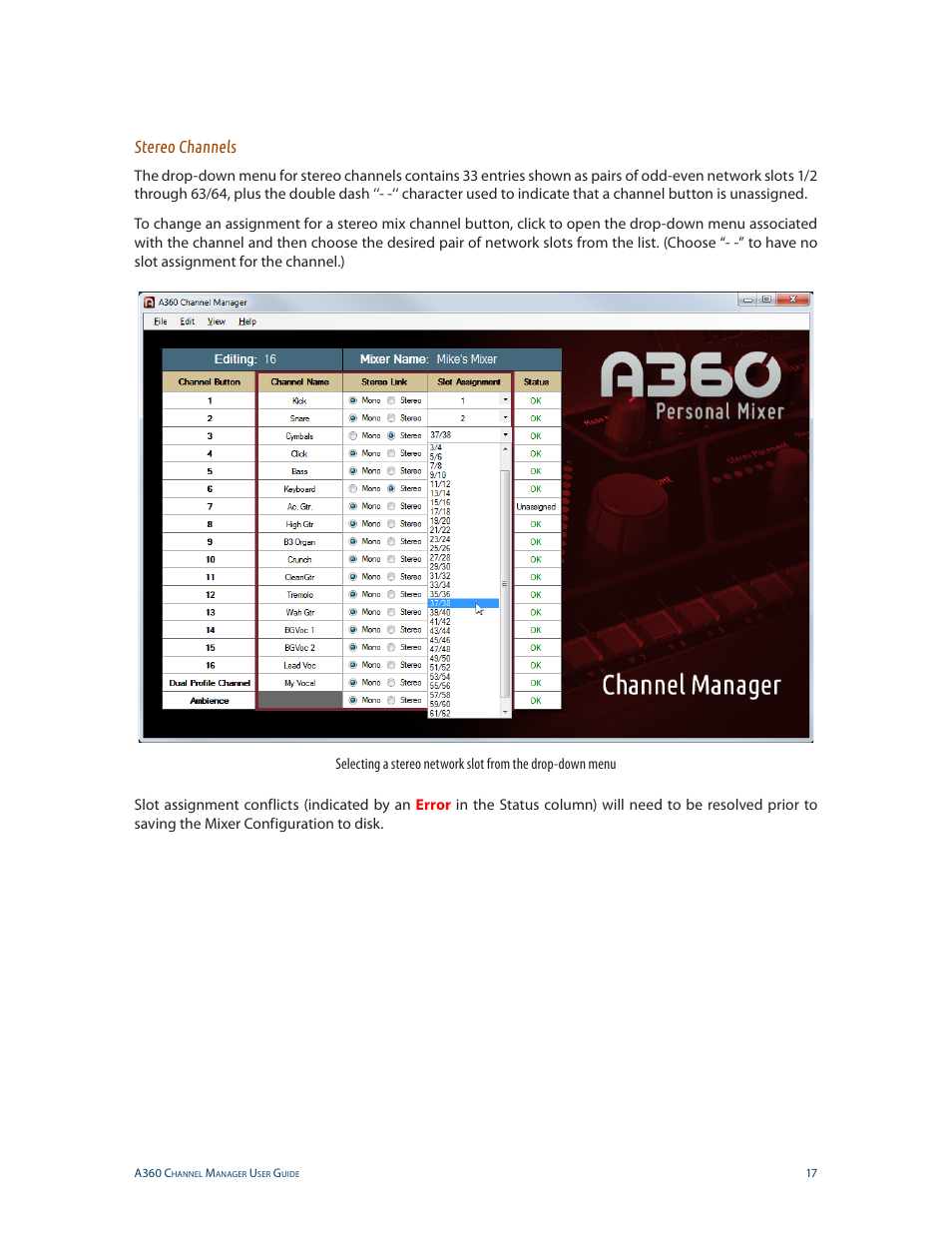 Stereo channels | Aviom A360 Channel Manager User Manual | Page 21 / 46