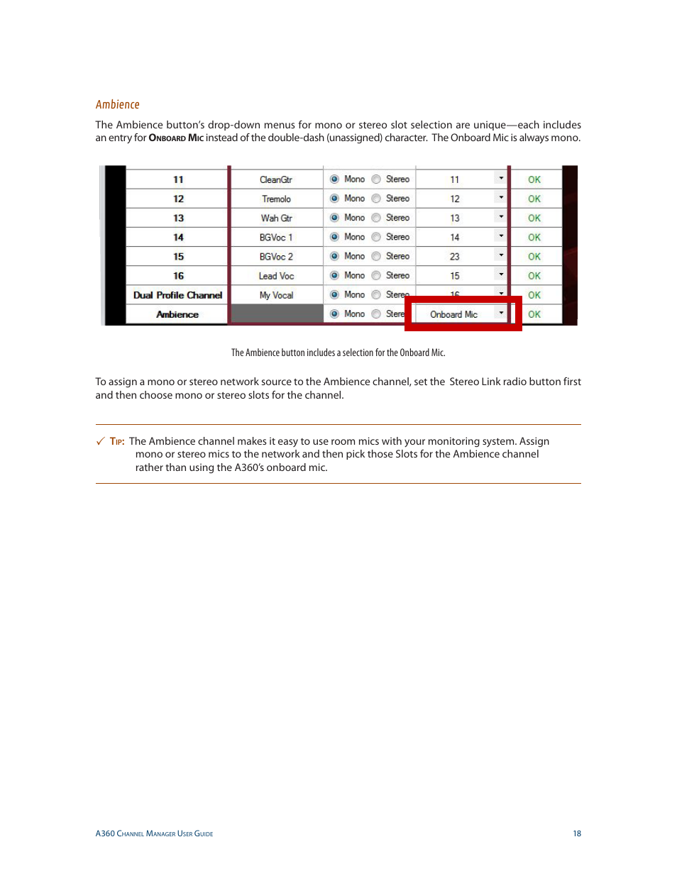 Ambience | Aviom A360 Channel Manager User Manual | Page 22 / 46