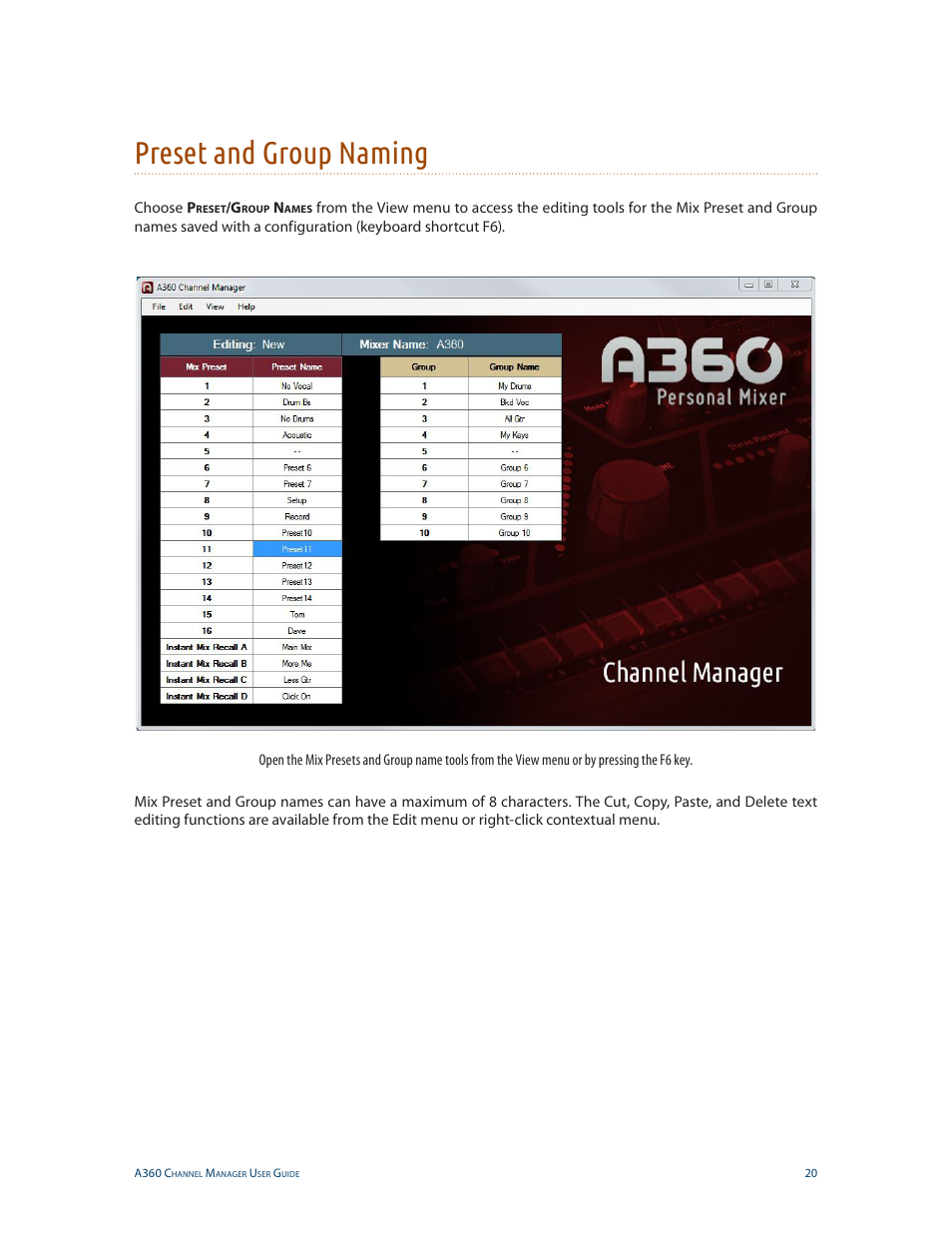 Preset and group naming | Aviom A360 Channel Manager User Manual | Page 24 / 46