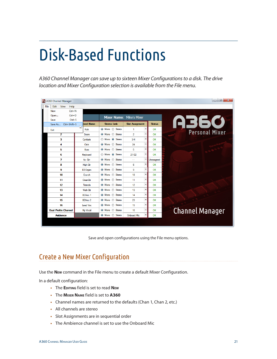 Disk-based functions, Create a new mixer configuration | Aviom A360 Channel Manager User Manual | Page 25 / 46