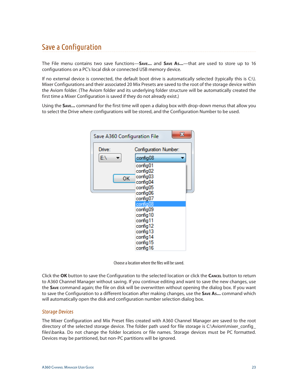 Save a configuration, Storage devices | Aviom A360 Channel Manager User Manual | Page 27 / 46
