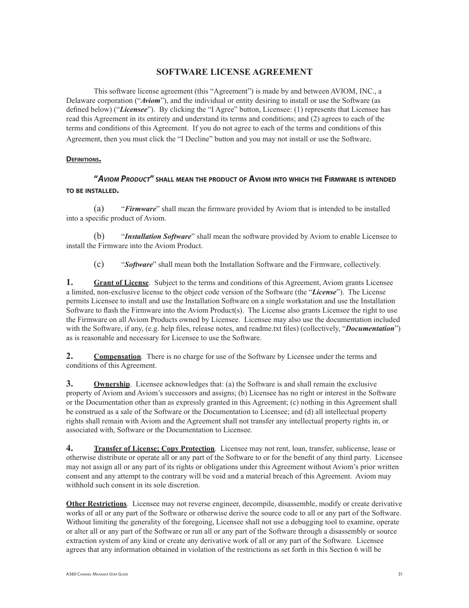 Software license agreement | Aviom A360 Channel Manager User Manual | Page 35 / 46
