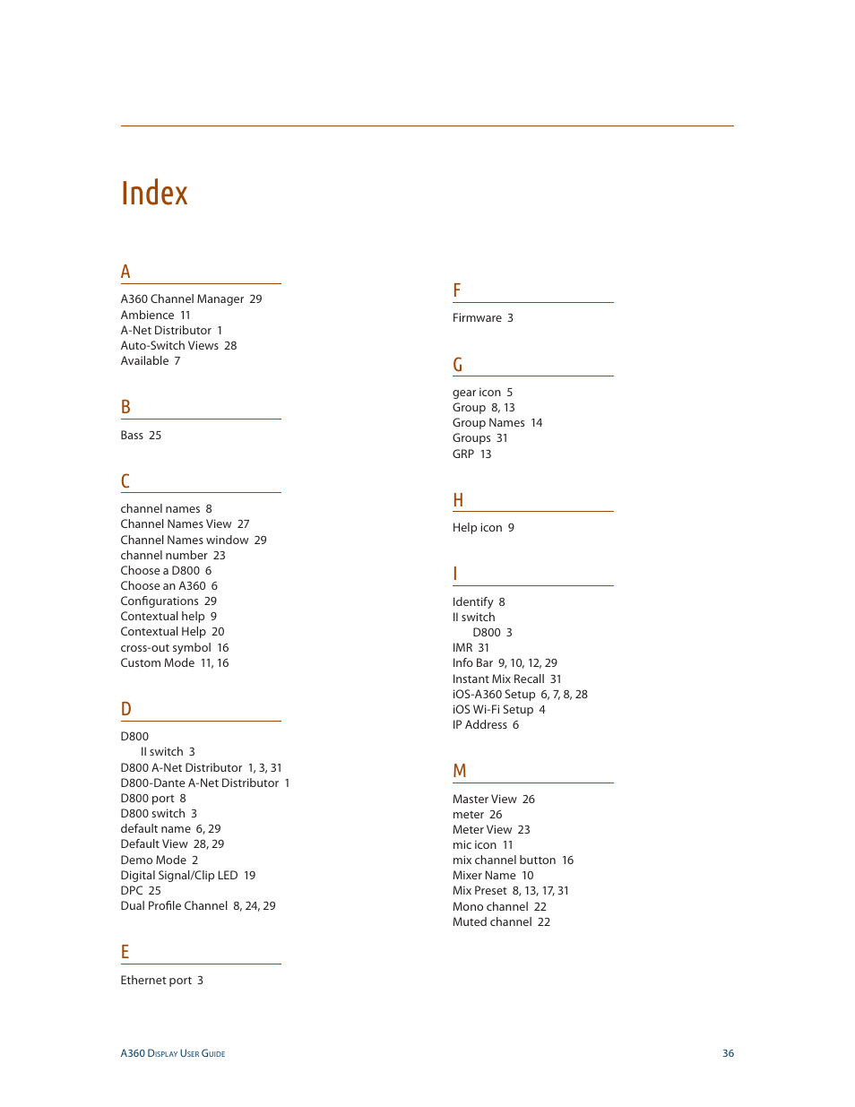 Index | Aviom A360 Channel Manager User Manual | Page 40 / 46