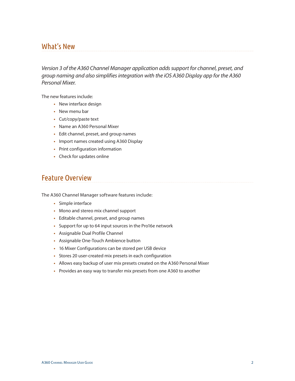 What’s new, Feature overview, What’s new feature overview | Aviom A360 Channel Manager User Manual | Page 6 / 46