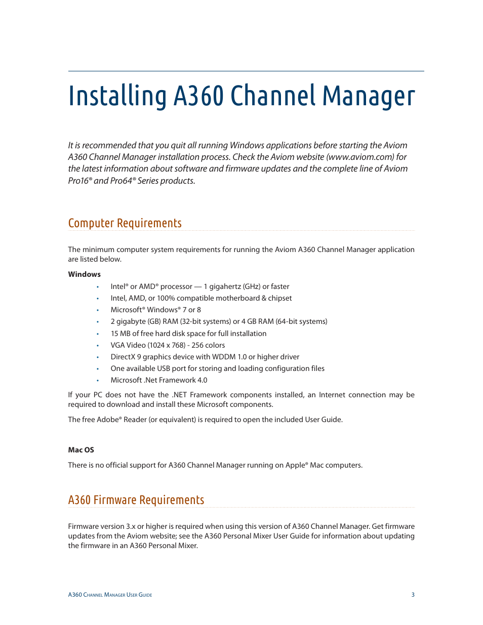Installing a360 channel manager, Computer requirements, A360 requirements | Computer requirements a360 requirements, A360 firmware requirements | Aviom A360 Channel Manager User Manual | Page 7 / 46