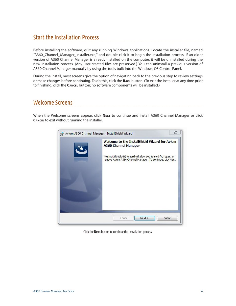 Start the installation process, Welcome screens, Start the installation process welcome screens | Aviom A360 Channel Manager User Manual | Page 8 / 46