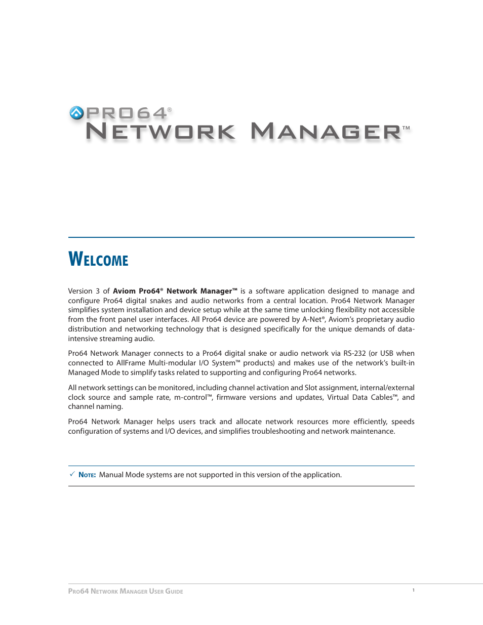 Welcome, Network manager, Pro64 | Elcome | Aviom Pro64 Network Manager User Manual | Page 10 / 160
