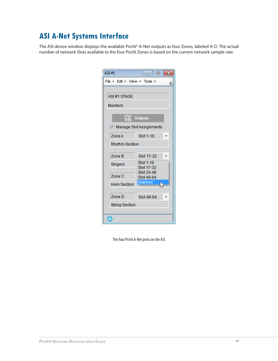 Asi a-net systems interface, Asi a-net systems interface 92 | Aviom Pro64 Network Manager User Manual | Page 101 / 160