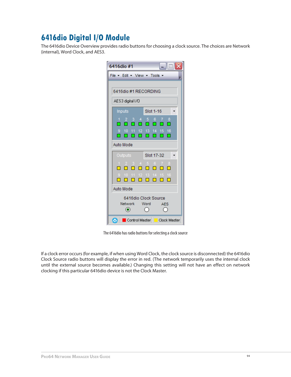6416dio digital i/o module, 6416dio digital i/o module 94 | Aviom Pro64 Network Manager User Manual | Page 103 / 160