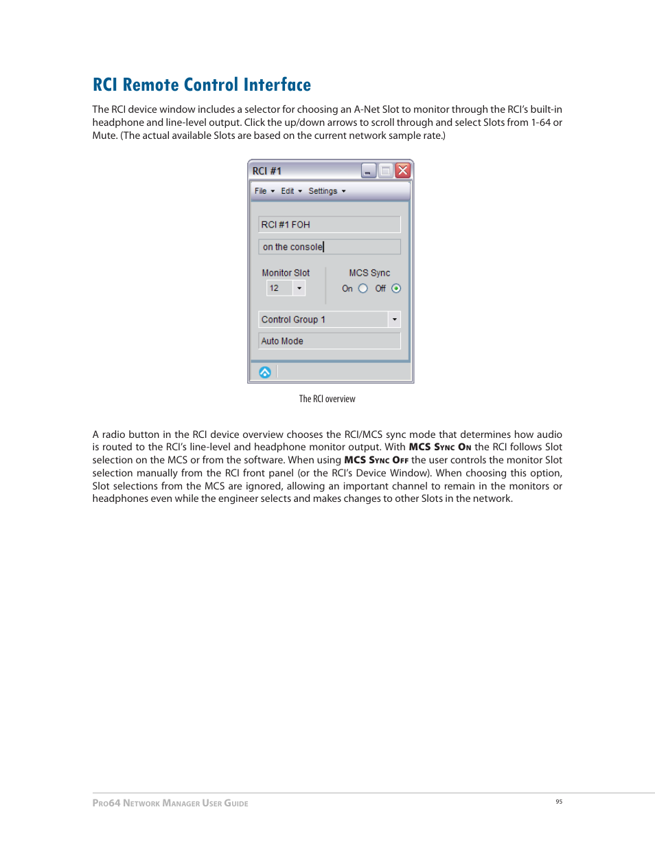 Rci remote control interface, Rci remote control interface 95 | Aviom Pro64 Network Manager User Manual | Page 104 / 160