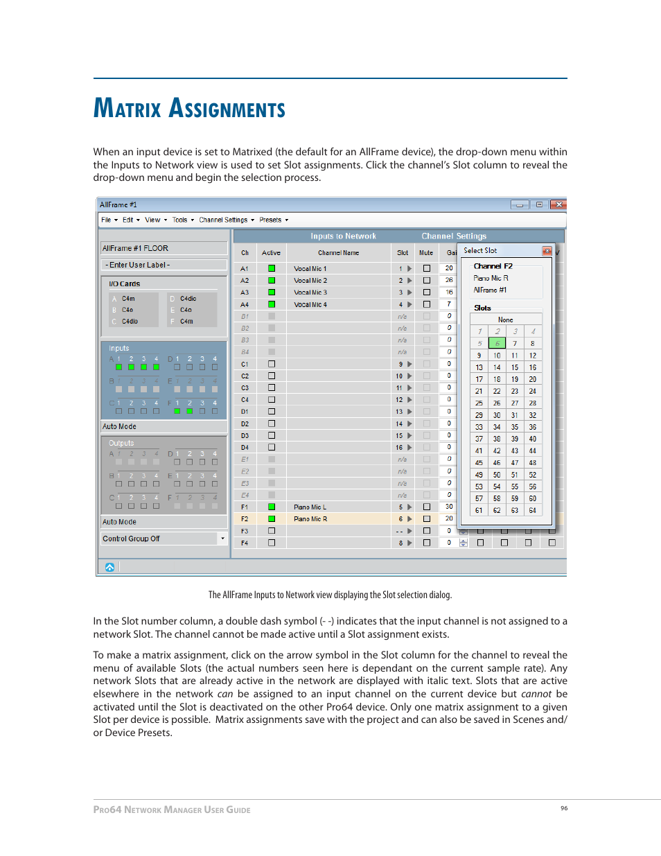 Matrix assignments, Atrix, Ssignments | Aviom Pro64 Network Manager User Manual | Page 105 / 160