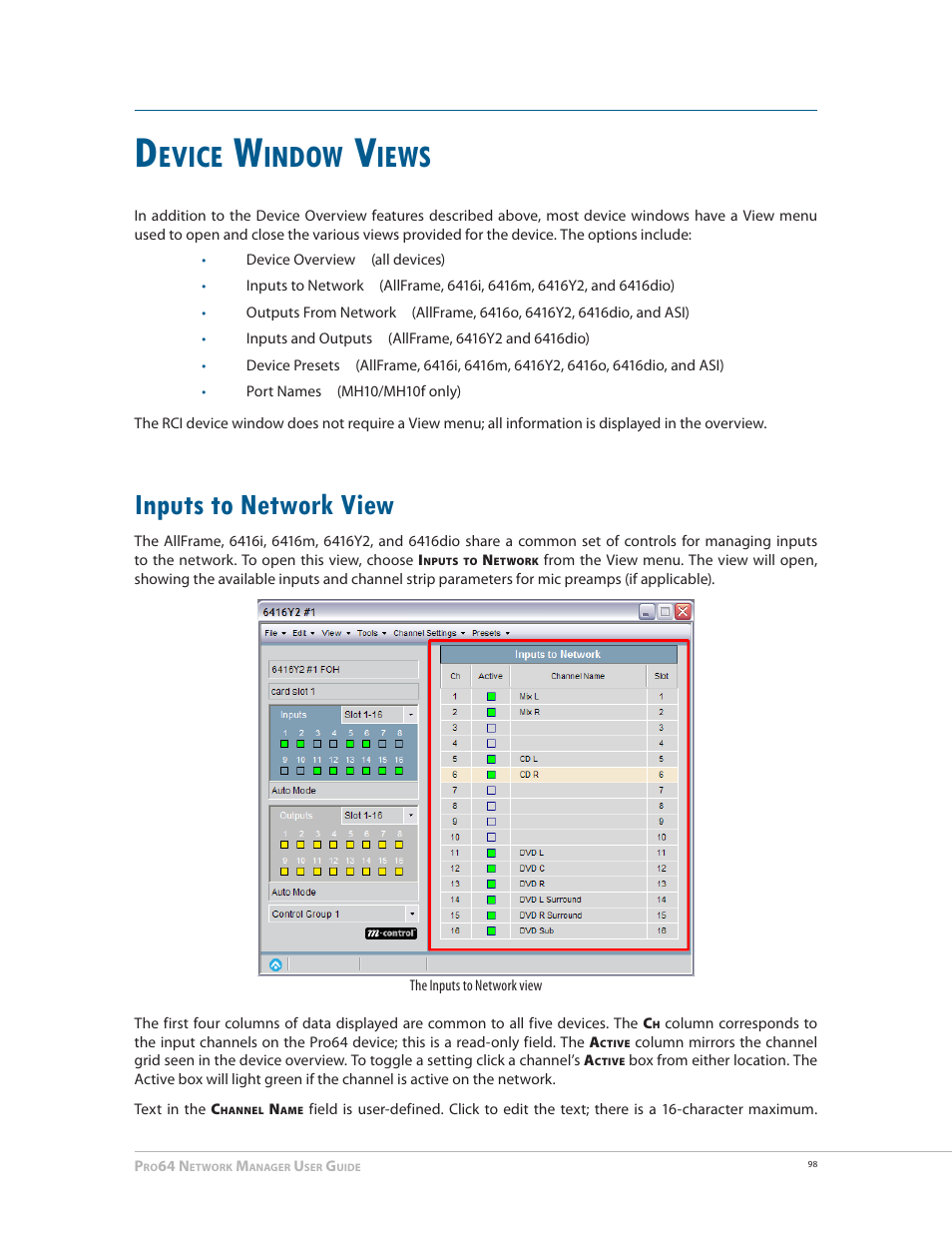 Device window views, Inputs to network view, Inputs to network view 98 | Evice, Indow, Iews | Aviom Pro64 Network Manager User Manual | Page 107 / 160