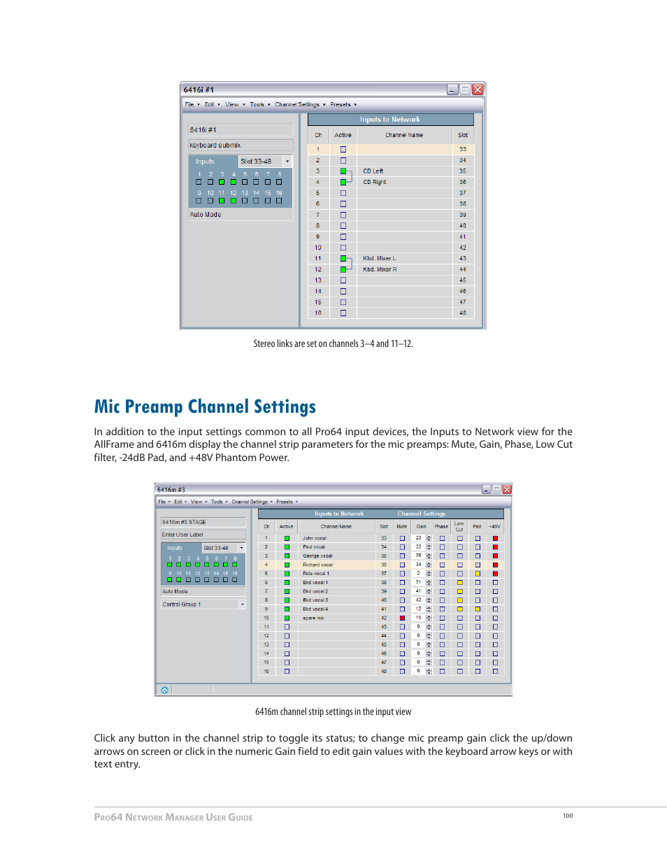 Mic preamp channel settings, Mic preamp channel settings 100 | Aviom Pro64 Network Manager User Manual | Page 109 / 160