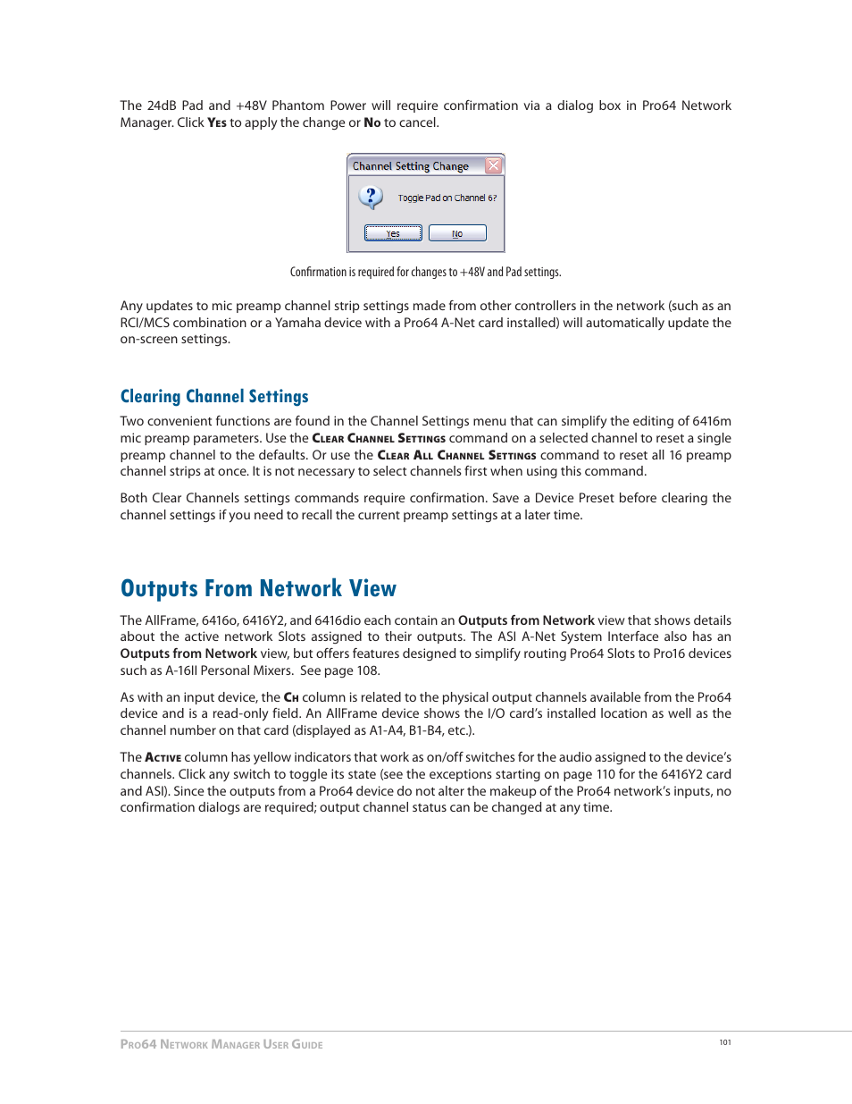 Clearing channel settings, Outputs from network view, Outputs from network view 101 | Aviom Pro64 Network Manager User Manual | Page 110 / 160