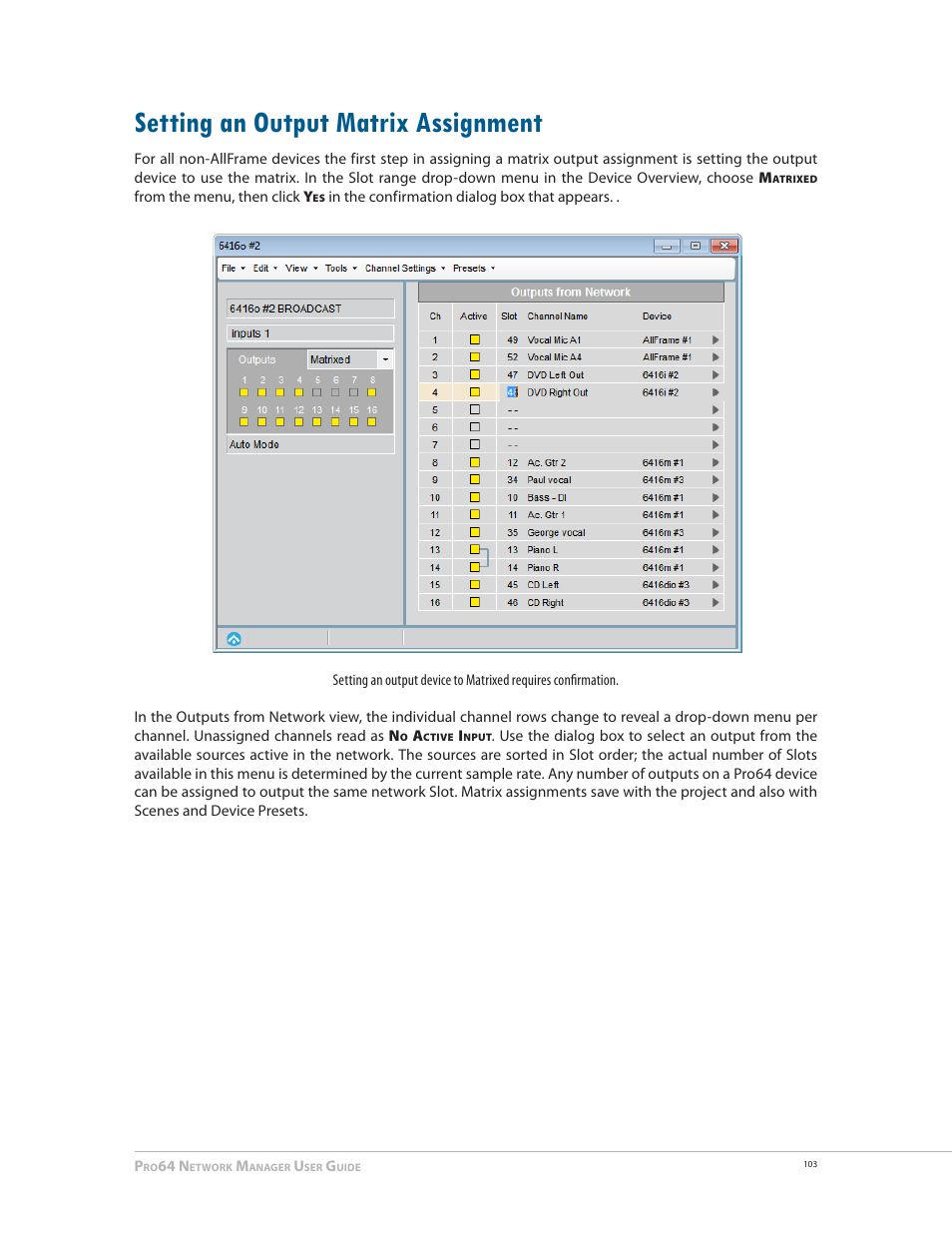 Setting an output matrix assignment, Setting an output matrix assignment 103 | Aviom Pro64 Network Manager User Manual | Page 112 / 160