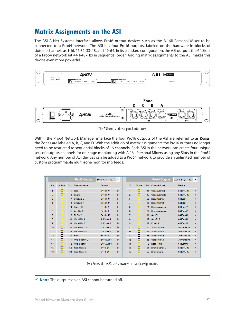 Matrix assignments on the asi, Matrix assignments on the asi 105 | Aviom Pro64 Network Manager User Manual | Page 114 / 160