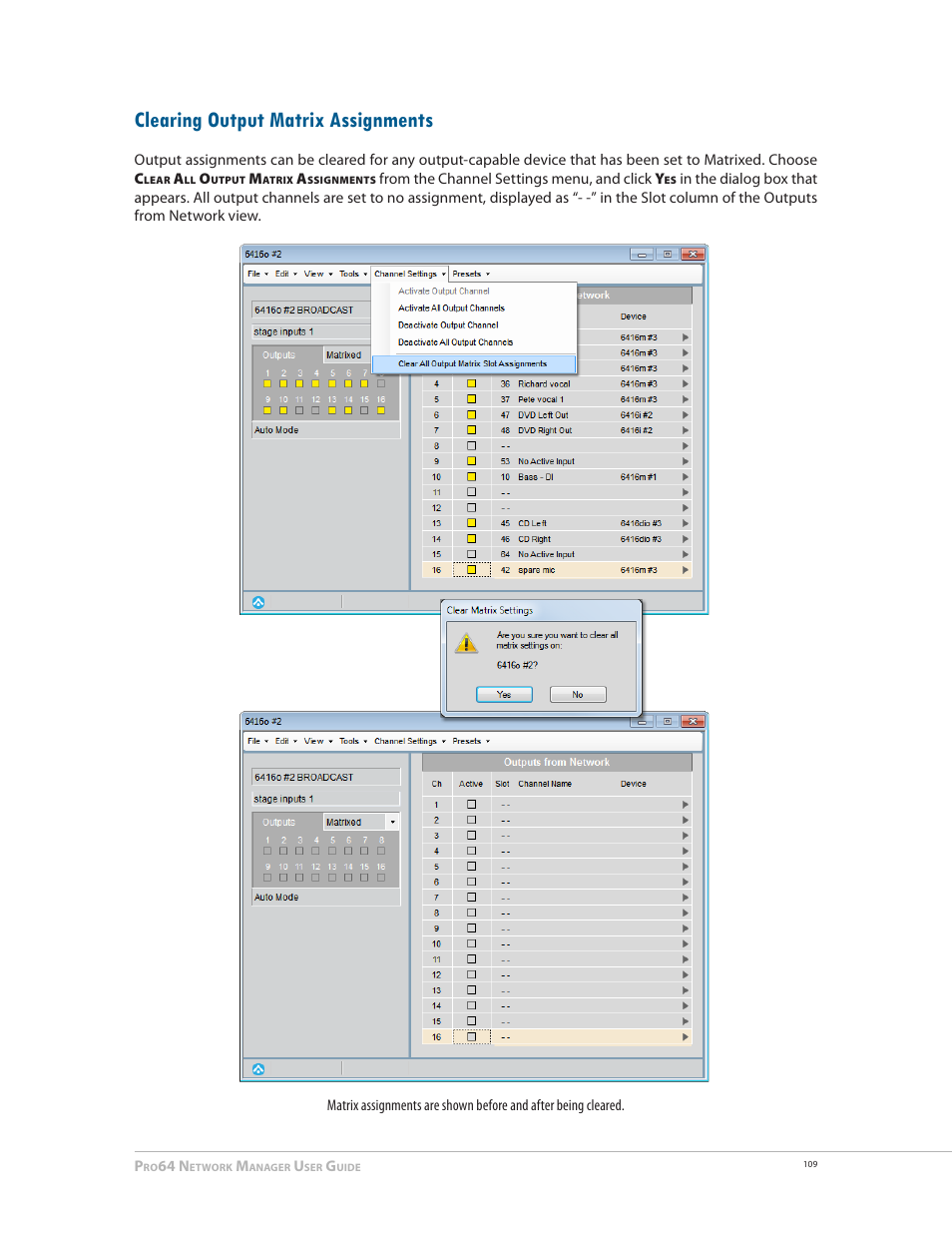 Clearing output matrix assignments | Aviom Pro64 Network Manager User Manual | Page 118 / 160